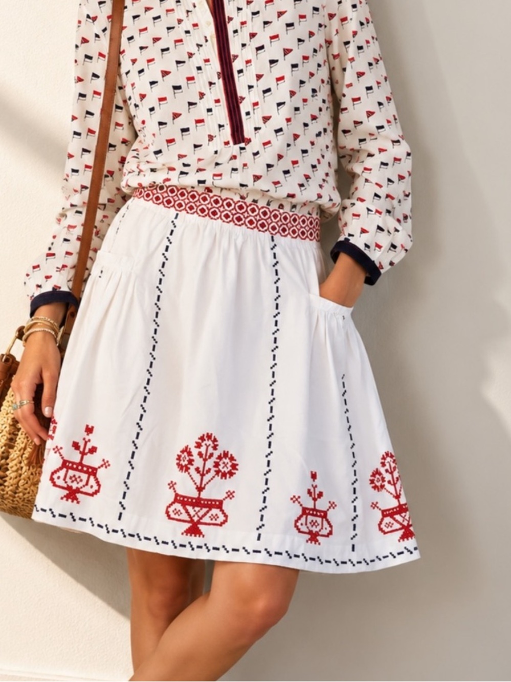Lithe Ivory Cotton Boho Embroidered  Pocket Festival Corduroy Skirt Size 6